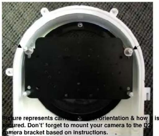 Picture represents camera, brush orientation & how it is secured. Don't forget to mount your camera to the D2 camera bracket based on instructions.
