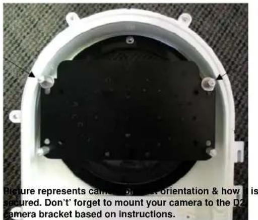 Picture represents camera, brush orientation & how it is secured. Don't forget to mount your camera to the D2 camera bracket based on instructions.