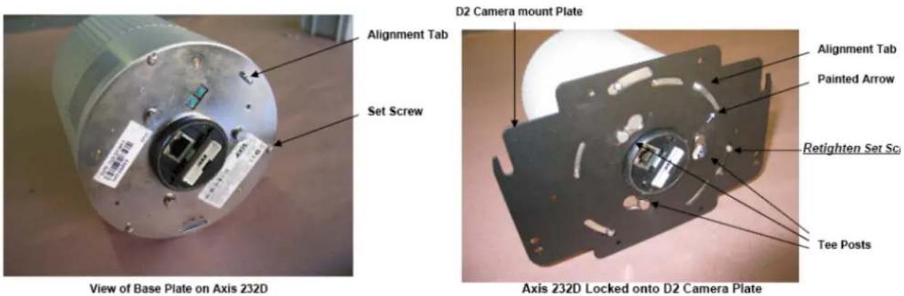 View of Base Plate on Axis 232D Alignment Tab Set Screw D2 Camera mount Plate Axis 232D Locked onto D2 Camera Plate Alignment Tab Painted Arrow Retighten Set Sc Tee Posts