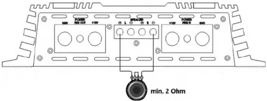 Deaf Bonce Machete MA-OGO1500.2D Sport - Bridged wiring diagram of a two-channel amplifier to one subwoofer - 1