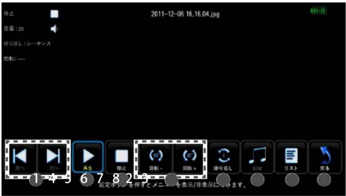 停止 音量: 20 縁り返し: シーケンス 回転: —— 2011-12-06 16.16.04.jpg 1 4 5 6 7 8 2 3 設定ホランを押すとメニエを表示/非表示に限ります。