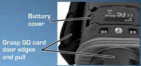 Battery cover Grasp SD card door edges and pull