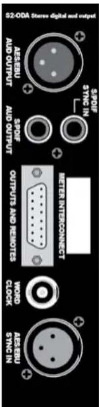 S2-ODA Stereo digital and output AES-ERU AUD OUTPUT S/PDIF SYNC IN S/PDIF AUD OUTPUT METER INTERCONNECT OUTPUTS AND REMOTES WORD CLOCK AES-ERU SYNC IN