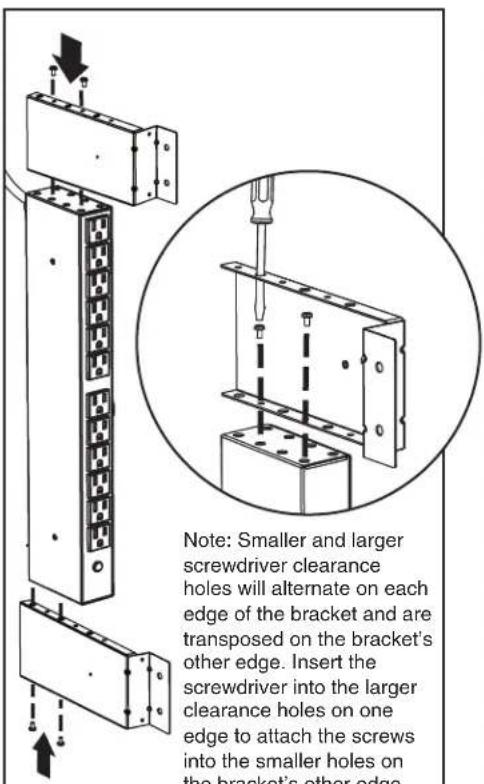 Note: Smaller and larger screwdriver clearance holes will alternate on each edge of the bracket and are transposed on the bracket's other edge. Insert the screwdriver into the larger clearance holes on one edge to attach the screws into the smaller holes on the bracket's other edge.
