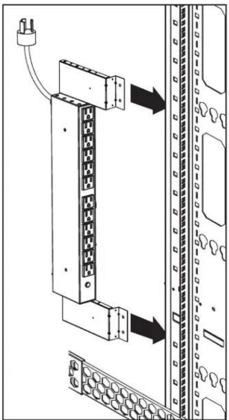 Technical diagram showing installation of a server rack with labeled components and directional arrows indicating assembly or connection.
