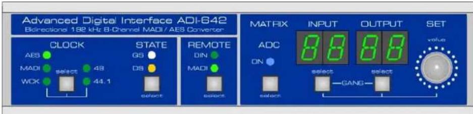 Advanced Digital Interface ADI-642 Bidirectional 198 kHz B-Channel MADI / AES Converter CLOCK AES MADI select 49 WCK 44.1 STATE GS DS select REMOTE DIN MADI select MATRIX INPUT OUTPUT SET ADC ON select GANG value