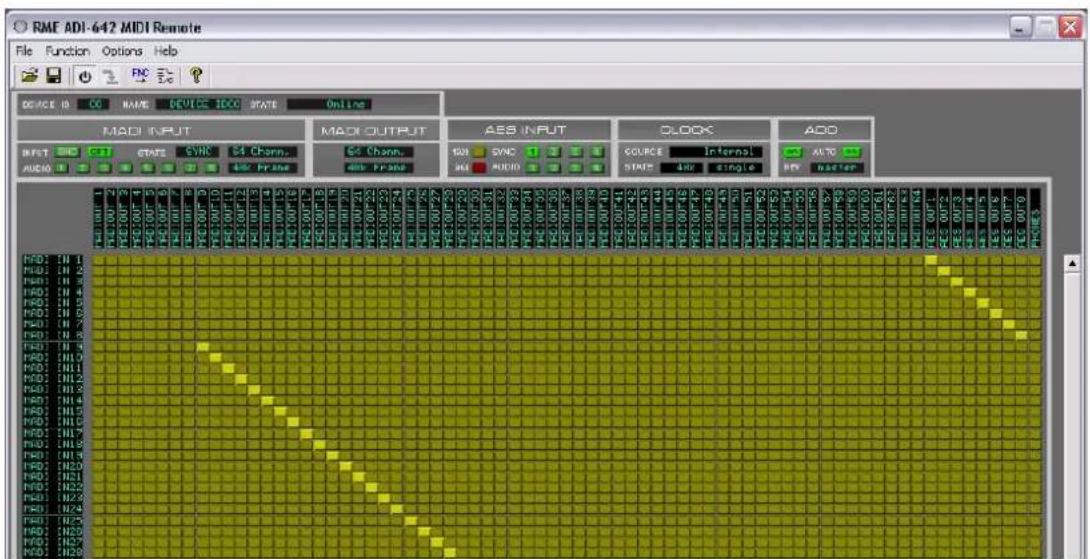RME ADI-642 MIDI Remote File Function Options Help DEVICE ID CG NAME DEVICE 1000 STATE Online MADI INPUT MADI OUTPUT ASS INPUT CLOCK ADD INFET GND STATE SYNC $4 Charn. S4 Charn. AID FRAME AUDIO 128 SYNC 3 AUDIO 128 SYNC 3 AUDIO 128 SYNC 3 AUDIO 128 SYNC 3 AUDIO 128 SYNC 3 AUDIO 128 SYNC 3 AUDIO 128 SYNC 3 AUDIO 128 SYNC 3 AUDIO 128 SYNC 3 AUDIO 128 SYNC 3 AUDIO 128 SYNC 128 SYNC 128 SYNC 128 SYNC 128 SYNC 128 SYNC 128 SYNC 128 SYNC 128 SYNC 128 SYNC 128 SYNC 128 SYNC 128 SYNC 128 SYNC 128 SYNC 128 SYNC 128 SYNC 120 SYNC 3 AUDIO 128 SYNC 3 AUDIO 128 SYNC 3 AUDIO 128 SYNC 3 AUDIO 128 SYNC 3 AUDIO 128 SYNC 3 AUDIO 128 SYNC 3