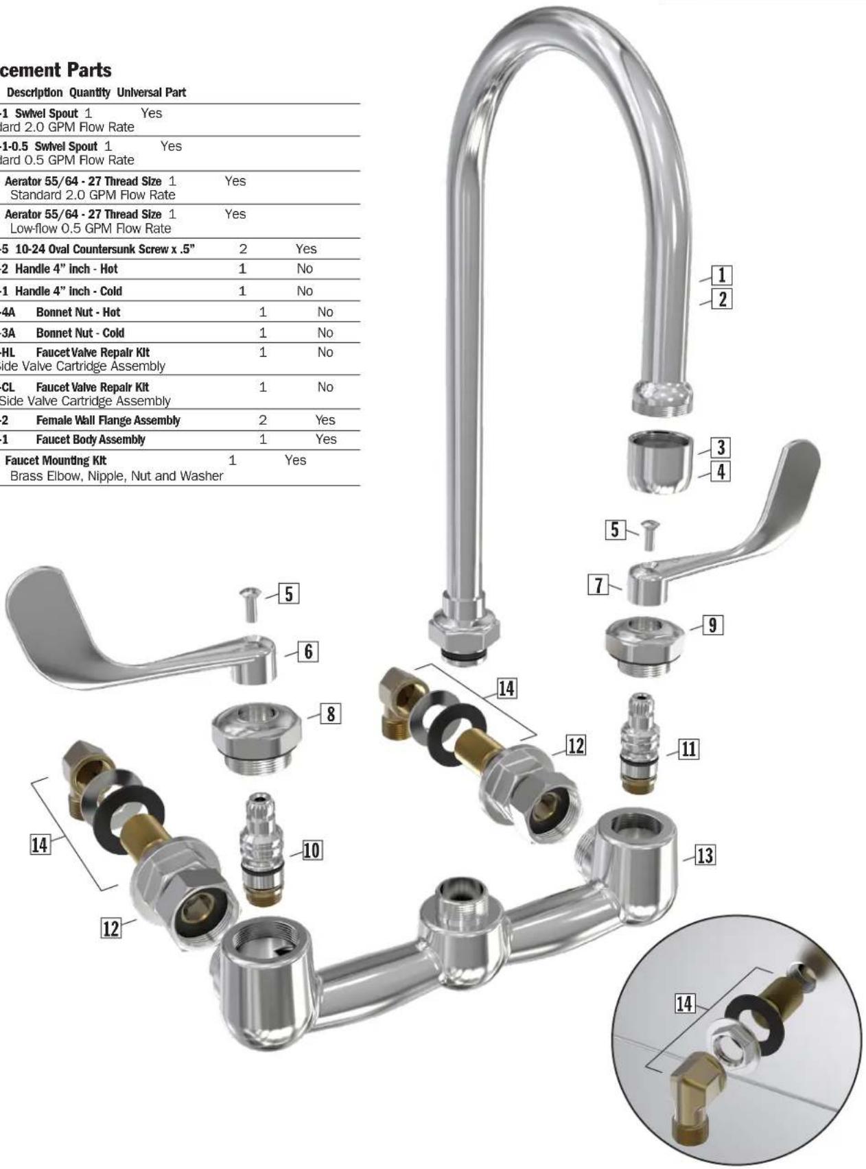 cement Parts Description Quantity Universal Part 1 Swivel Spout 1 Yes Standard 2.0 GPM Flow Rate 1-0.5 Swivel Spout 1 Yes Standard 0.5 GPM Flow Rate Aerator 55/64 - 27 Thread Size 1 Yes Standard 2.0 GPM Flow Rate Aerator 55/64 - 27 Thread Size 1 Yes Low-flow 0.5 GPM Flow Rate 5 10-24 Oval Countersunk Screw x .5" 2 Yes 2 Handle 4" inch - Hot 1 No 1 Handle 4" inch - Cold 1 No 4A Bonnet Nut - Hot 1 No 3A Bonnet Nut - Cold 1 No HL Faucet Valve Repair Kit 1 No Side Valve Cartridge Assembly CL Faucet Valve Repair Kit 1 No Side Valve Cartridge Assembly 2 Female Wall Flange Assembly 2 Yes 1 Faucet Body Assembly 1 Yes Faucet Mounting Kit 1 Yes Brass Elbow, Nipple, Nut and Washer 14 12 10 8 6 5 7 9 13 14