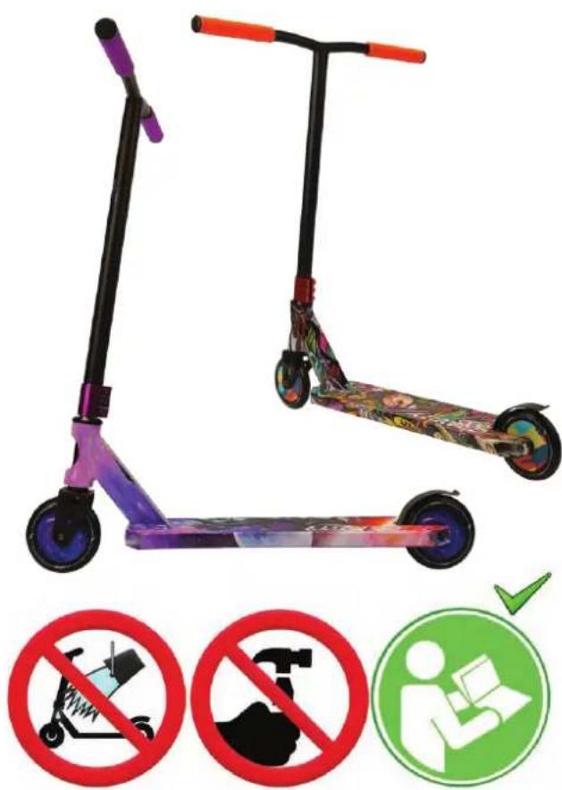 Illustration of a colorful electric scooter with three prohibition symbols below: no scooter, no pictor, and person using a laptop.
