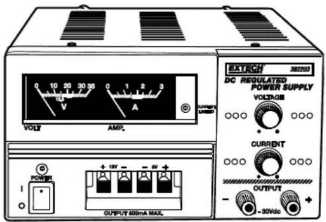 0 10 20 30 35 0 1 2 3 V A VOLT AMP. EXTECH 382203 DC REGULATED POWER SUPPLY VOLTAGE CURRENT OUTPUT -30Vdc POWER + 12V - - 6V + OUTPUT 500mA MAX.