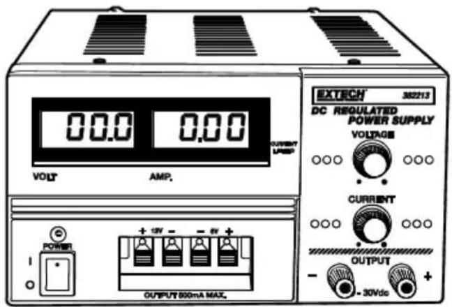 VOLT AMP. OUTPUT 900mA MAX. EXTECH DC REGULATED POWER SUPPLY VOLTAGE CURRENT OUTPUT -30Vdc + - - - +