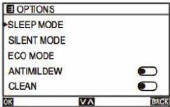 OPTIONS SLEEP MODE SILENT MODE ECO MODE ANTIMILDEW CLEAN
