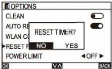 OPTIONS CLEAN AUTO RE WLAN CO RESET TIMER? NO YES POWER LIMIT OFF OK V A BACK