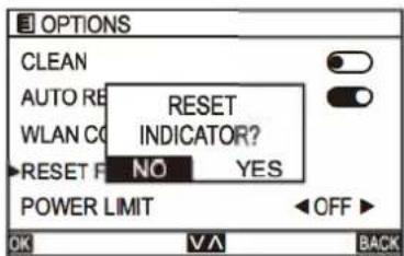 OPTIONS CLEAN AUTO RE WLAN CO RESET F NO YES POWER LIMIT OFF OK V A BACK