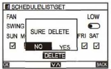 SCHEDULE\LIST\SET FAN SWING SURE DELETE SUN M NO YES FRI SAT DELETE OK V/A BACK