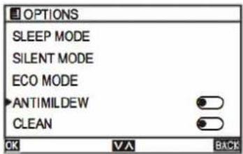 OPTIONS SLEEP MODE SILENT MODE ECO MODE ANTIMILDEW CLEAN OK VA BACK