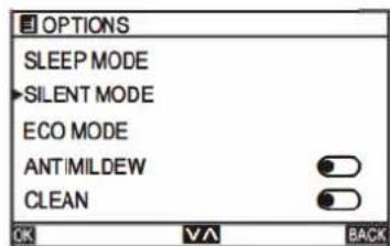 OPTIONS SLEEP MODE >SILENT MODE ECO MODE ANTIMILDEW CLEAN OK ✓A BACK