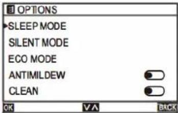 OPTIONS SLEEP MODE SILENT MODE ECO MODE ANTIMILDEW CLEAN