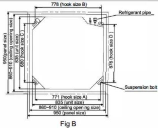 778 (hook size B) 950 (panel size) 860-910 (ceiling opening size) 835 (unit size) 680 (hook size C) 676 (hook size D) 771 (hook size A) 835 (unit size) 860-910 (ceiling opening size) 950 (panel size) Fig B Refrigerant pipe Suspension bolt