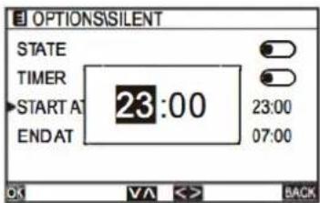 OPTIONS/SILENT STATE TIMER START AT 23:00 23:00 END AT 07:00 OK VA < > BACK