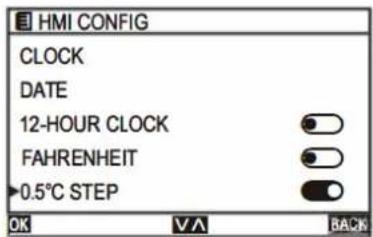 HMI CONFIG CLOCK DATE 12-HOUR CLOCK FAHRENHEIT 0.5°C STEP OK VA BACK