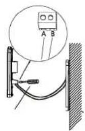 Diagram showing a cable or cable connection with labeled points A and B, and an inset image of a device with two circular indicators.