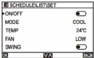 SCHEDULE\LIST\SET ON/OFF MODE TEMP FAN SWING COOL 24°C LOW OK VA BACK
