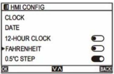 HMI CONFIG CLOCK DATE 12-HOUR CLOCK FAHRENHEIT 0.5°C STEP OK VA BACK
