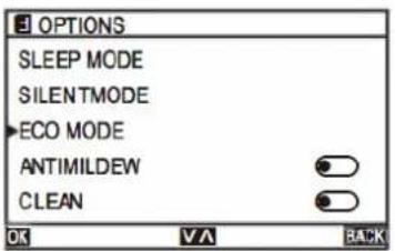 OPTIONS SLEEP MODE SILENTMODE ECO MODE ANTIMILDEW CLEAN OK VA BACK