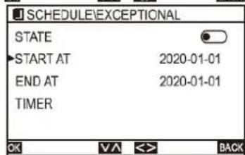 SCHEDULE\EXCEPTIONAL STATE START AT 2020-01-01 END AT 2020-01-01 TIMER OK V/A ↔ BACK