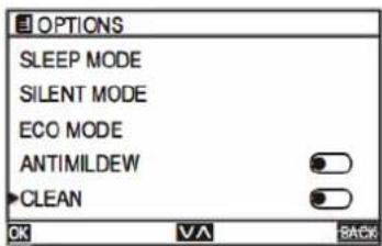 OPTIONS SLEEP MODE SILENT MODE ECO MODE ANTIMILDEW CLEAN OK VA BACK