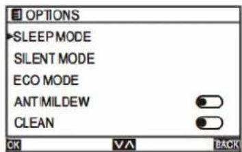 OPTIONS SLEEP MODE SILENT MODE ECO MODE ANTIMILDEW CLEAN OK VA BACK