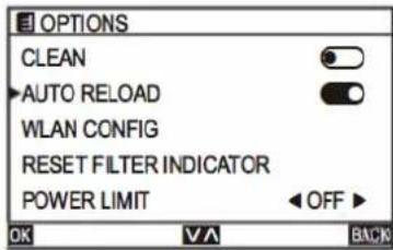 OPTIONS CLEAN AUTO RELOAD WLAN CONFIG RESET FILTER INDICATOR POWER LIMIT OFF OK √/A BACK