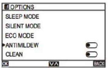 OPTIONS SLEEP MODE SILENT MODE ECO MODE ANTIMILDEW CLEAN OK VA BACK
