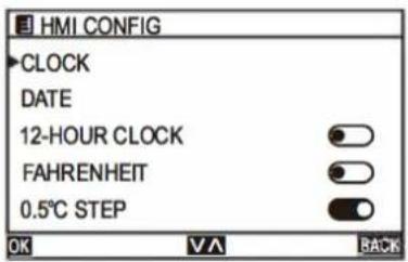 HMI CONFIG CLOCK DATE 12-HOUR CLOCK FAHRENHEIT 0.5°C STEP OK VA BACK