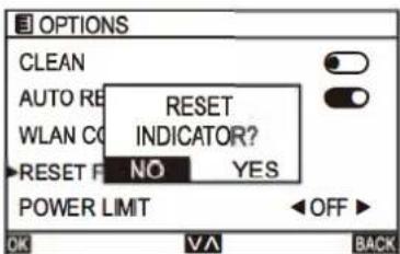OPTIONS CLEAN AUTO RE WLAN CO RESET F NO YES POWER LIMIT OFF OK VA BACK