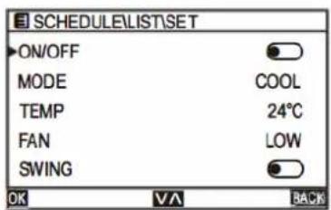 SCHEDULE\LIST\SET ON/OFF MODE TEMP FAN SWING COOL 24°C LOW OK VA BACK