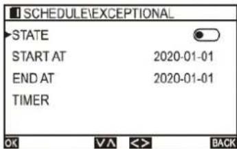 SCHEDULE\EXCEPTIONAL STATE START AT 2020-01-01 END AT 2020-01-01 TIMER OK VA <> BACK