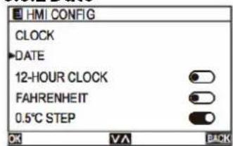 HMI CONFIG CLOCK DATE 12-HOUR CLOCK FAHRENHEIT 0.5°C STEP OK VA BACK