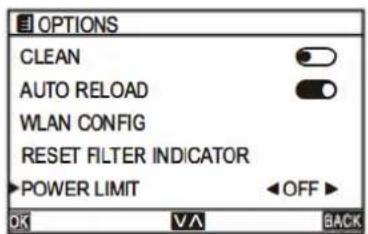 OPTIONS CLEAN AUTO RELOAD WLAN CONFIG RESET FILTER INDICATOR POWER LIMIT OFF OK VA BACK