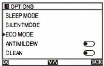 OPTIONS SLEEP MODE SILENTMODE ECO MODE ANTIMILDEW CLEAN OK VA BACK