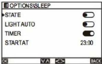 OPTIONS\SLEEP STATE LIGHT AUTO TIMER STARTAT 23:00