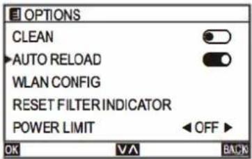 OPTIONS CLEAN AUTO RELOAD WLAN CONFIG RESET FILTER INDICATOR POWER LIMIT OFF OK VA BACK