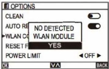 OPTIONS CLEAN AUTO RE WLAN CO NO DETECTED WLAN MODULE RESET F YES POWER LIMIT OFF OK VA BACK