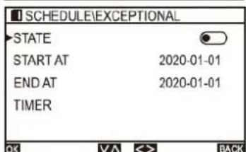 SCHEDULE\EXCEPTIONAL STATE START AT 2020-01-01 END AT 2020-01-01 TIMER OK VA <> BACK