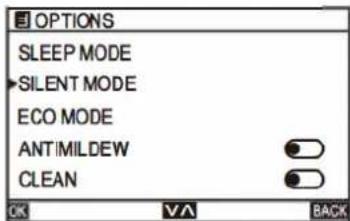 OPTIONS SLEEP MODE >SILENT MODE ECO MODE ANTIMILDEW CLEAN