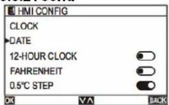 HMI CONFIG CLOCK →DATE 12-HOUR CLOCK FAHRENHEIT 0.5°C STEP OK VA BACK