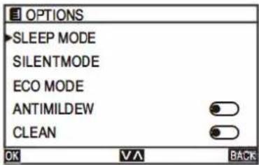 OPTIONS SLEEP MODE SILENTMODE ECO MODE ANTIMILDEW CLEAN OK VA BACK