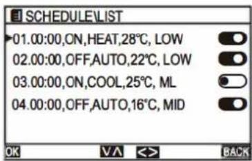 SCHEDULE\LIST 01.00:00,ON,HEAT,28°C, LOW 02.00:00,OFF,AUTO,22°C, LOW 03.00:00,ON,COOL,25°C, ML 04.00:00,OFF,AUTO,16°C, MID