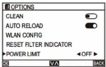 OPTIONS CLEAN AUTO RELOAD WLAN CONFIG RESET FILTER INDICATOR POWER LIMIT OFF OK VA BACK